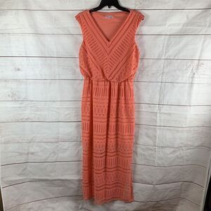 London Times Dress Maxi Midi V-neck 8 M Orange Pink elastic waist lace stretch